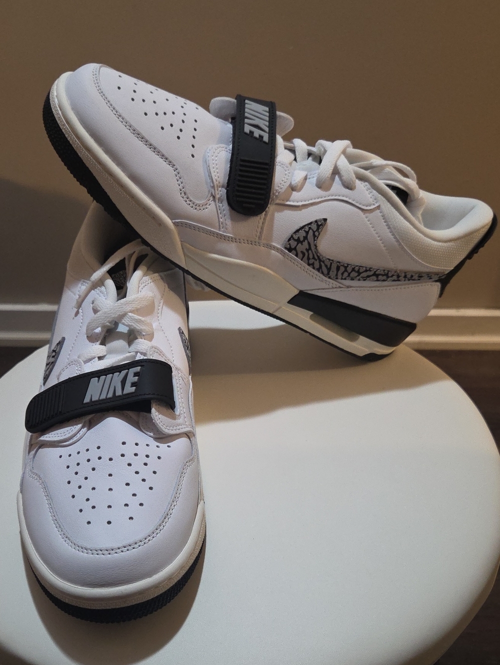 Nike Kids White and Black Strap Sneakers with Patterned Swoosh